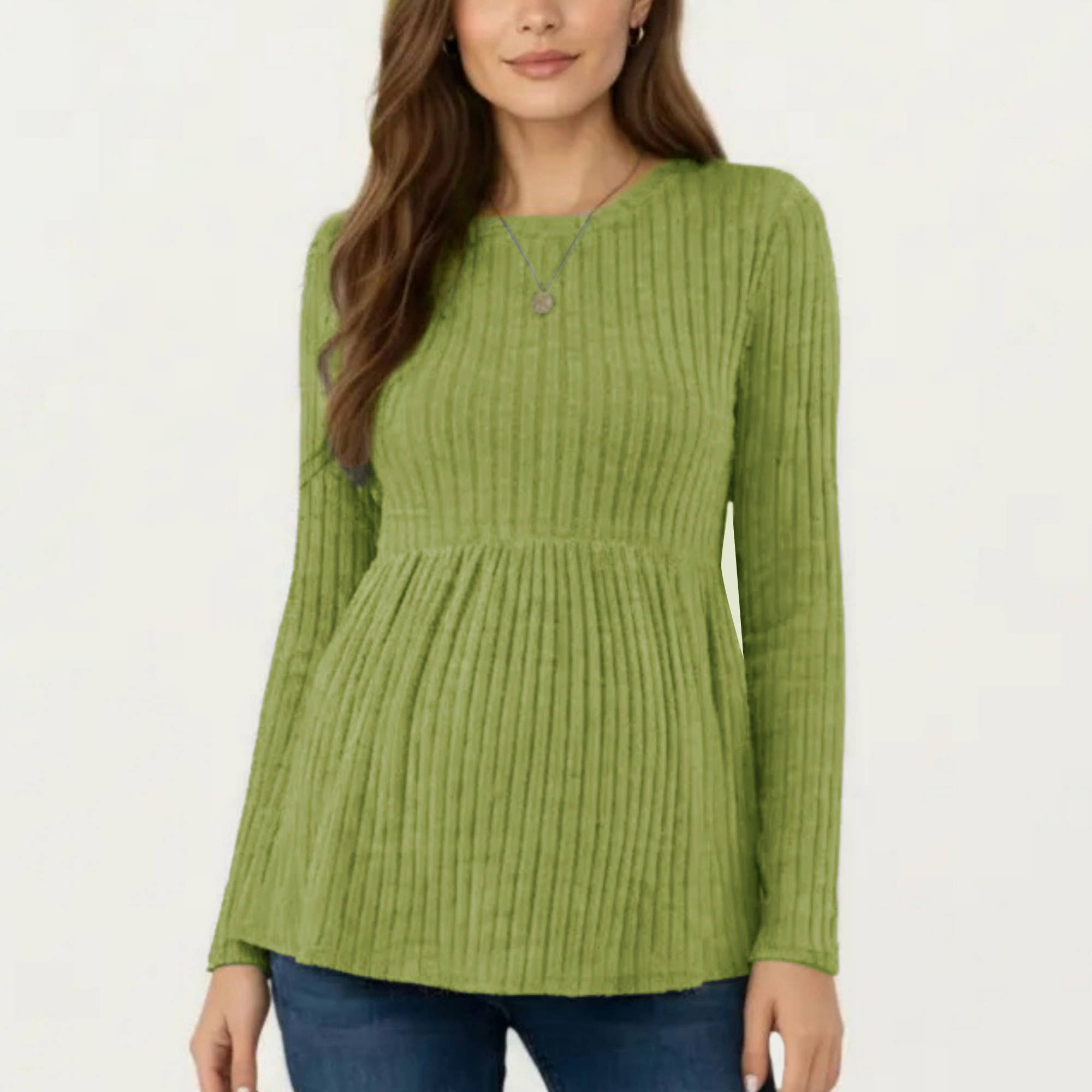 Maternity Long Sleeve Ribbed Knit Top with Crew Neck and Empire Waist