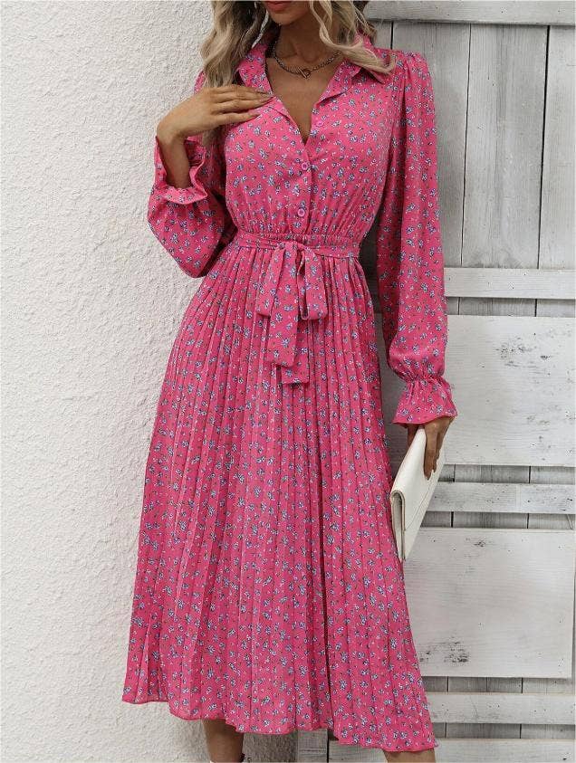 Fashionable pleated floral print long-sleeves dress