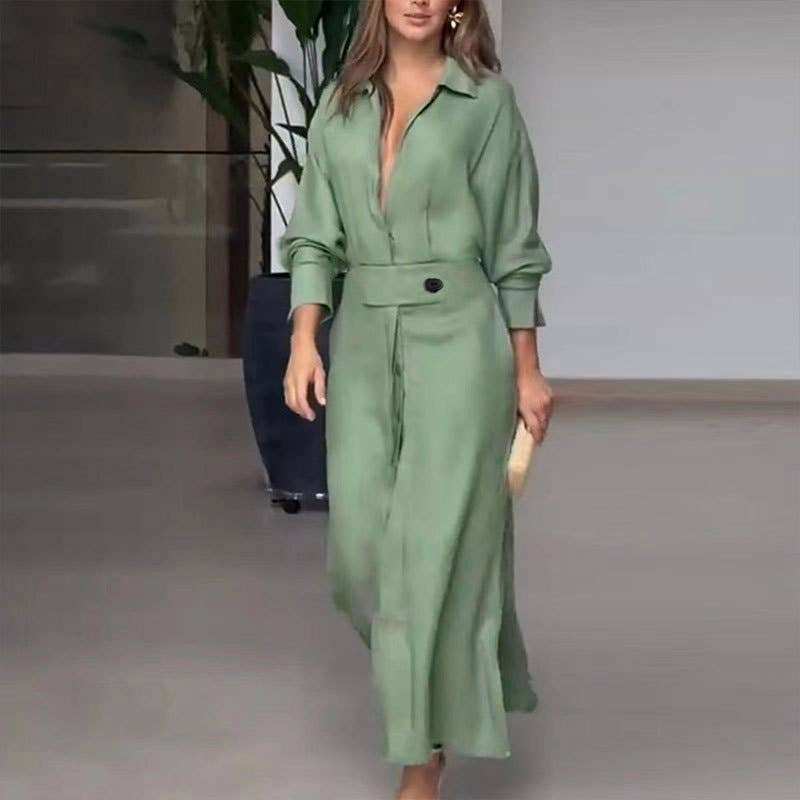 Elegant Button Down Long Sleeve Maxi Dress Casual Chic Style