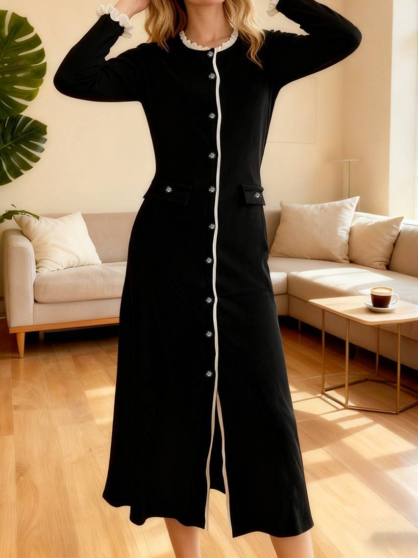Elegant Color-Block Crew Neck Button Knit Dress