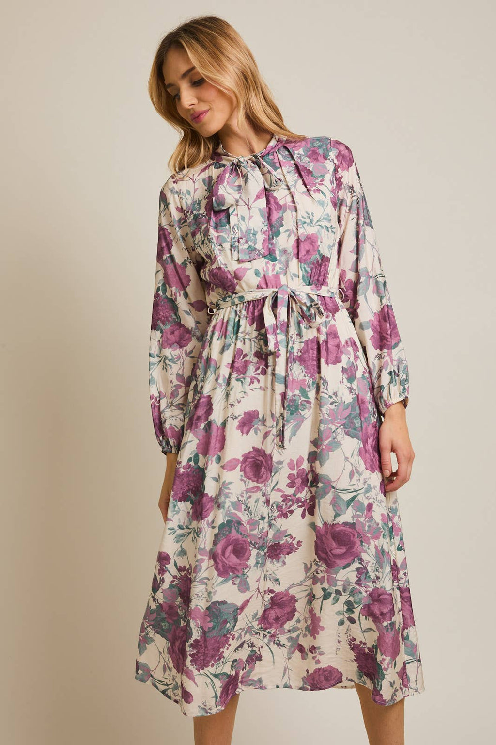 FRONT BOW TIE LONG SLEEVE FLORAL PRINT MIDI DRESS