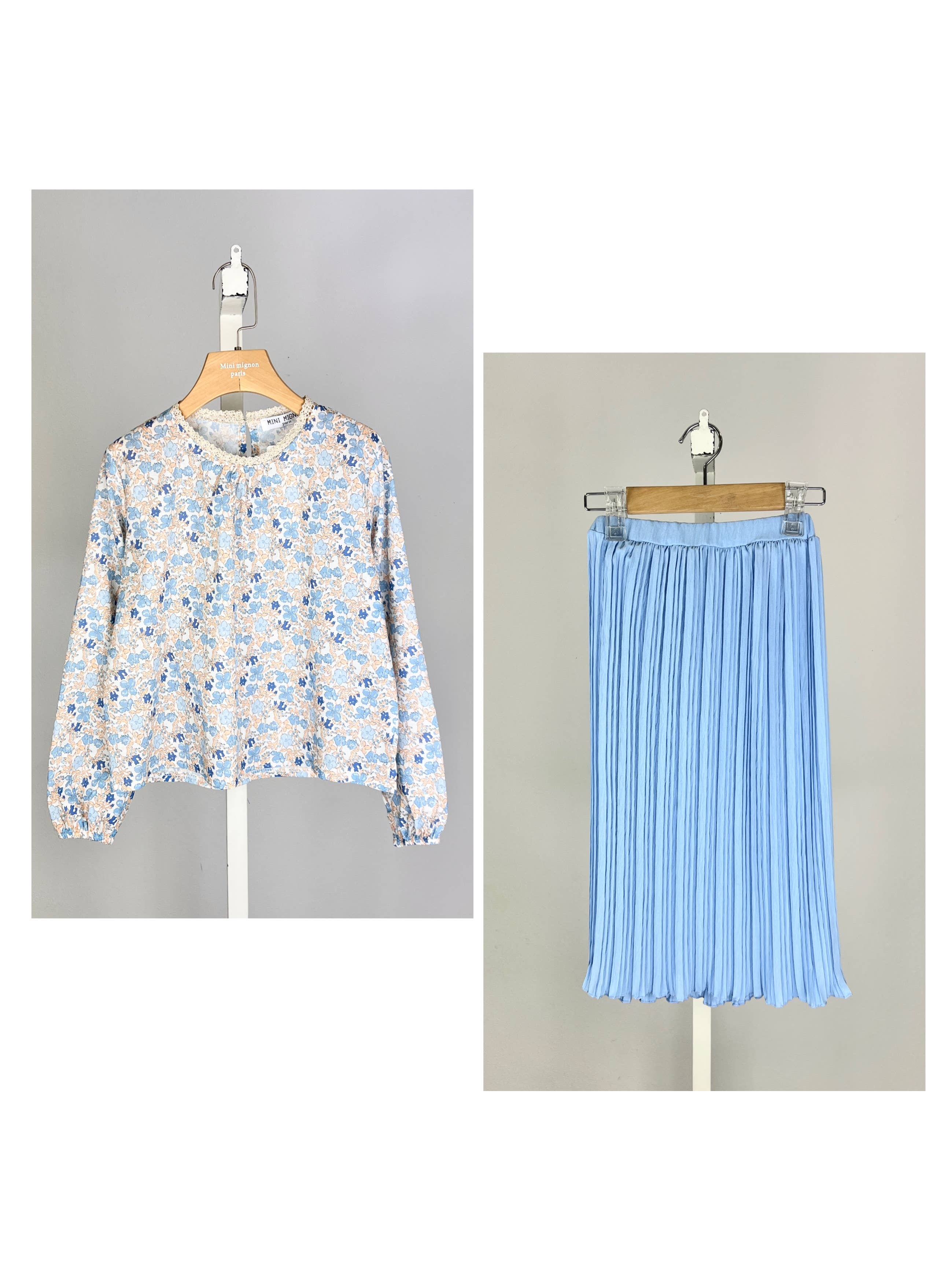 Floral cotton top and pleated skirt set for girl