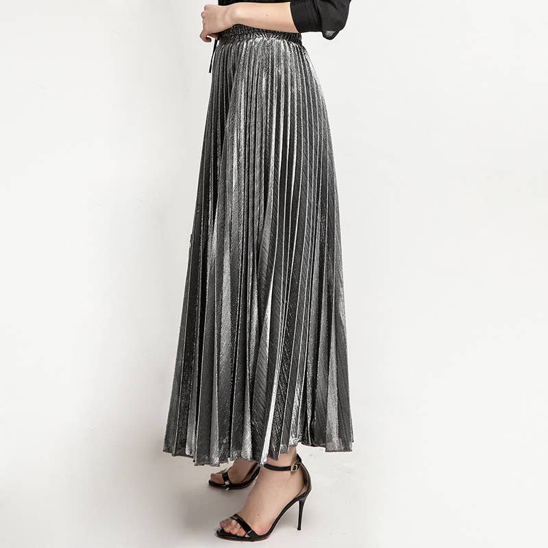 Metallic Elastic waist pleated skirt