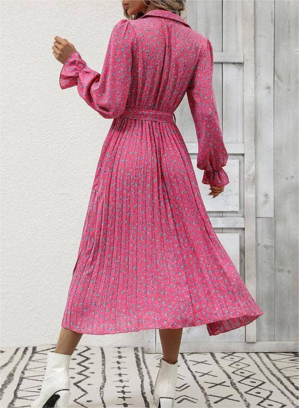Fashionable pleated floral print long-sleeves dress