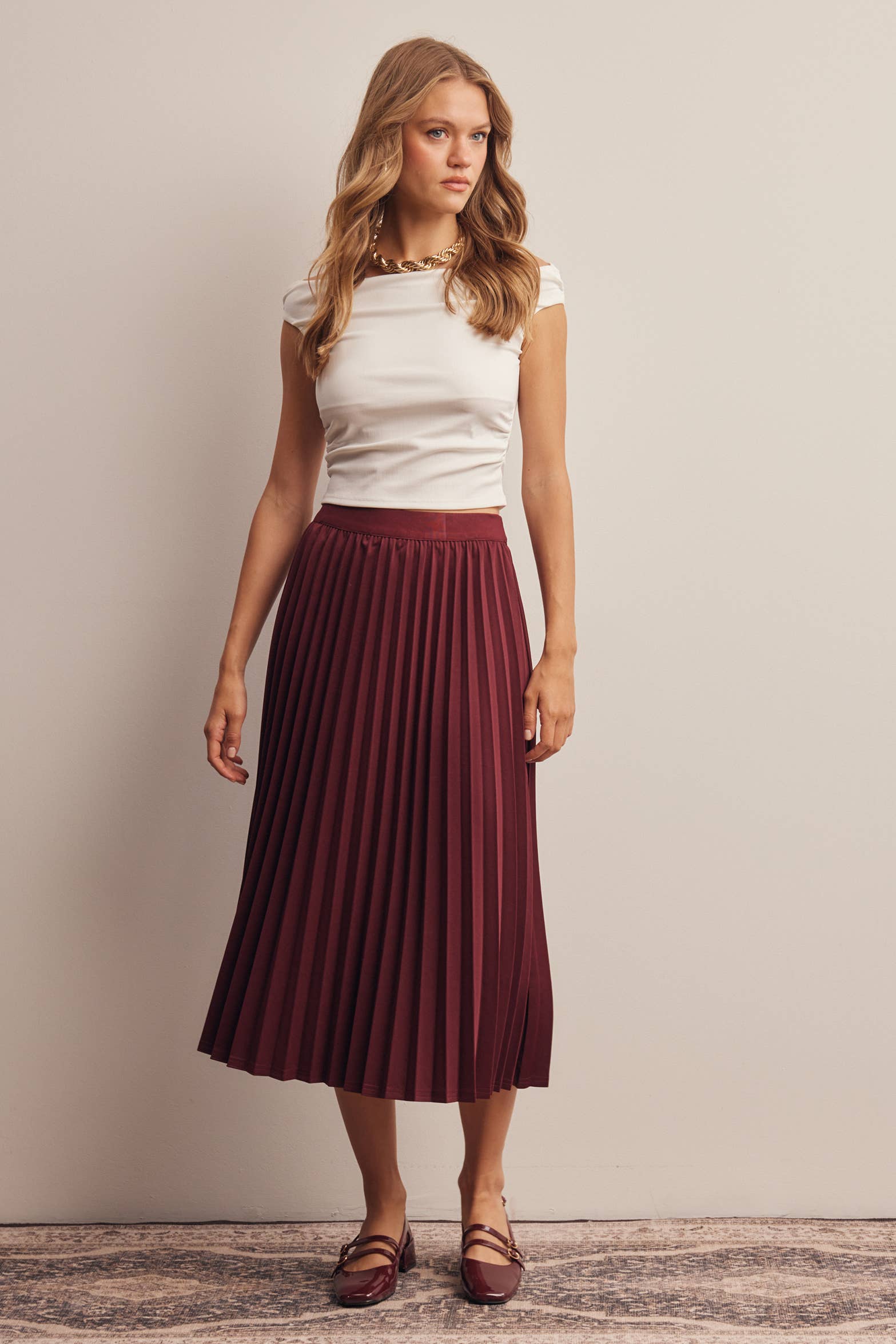 Stretch Pleated Midi Skirt FSK0027