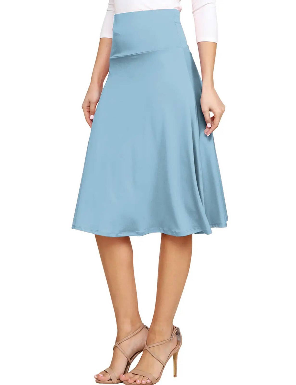 High Waist Stretch Flared Midi Skirt Women_AWBMS204