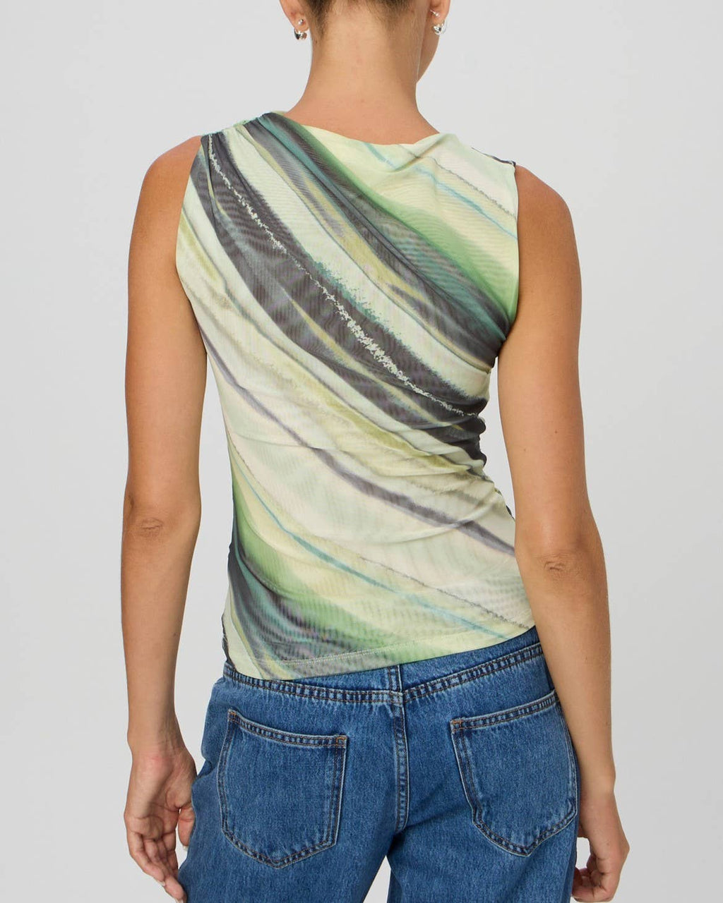 Chic Floral Printed Pleated Slim Mesh Top