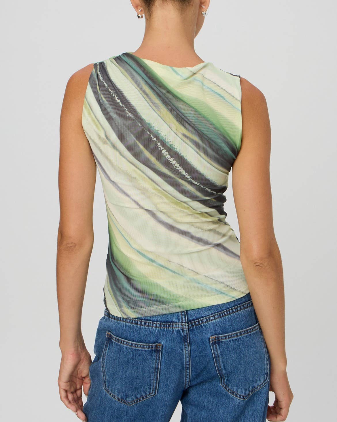Chic Floral Printed Pleated Slim Mesh Top