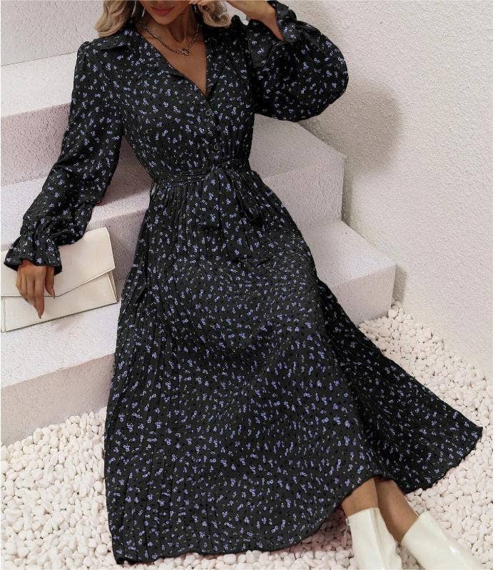 Fashionable pleated floral print long-sleeves dress