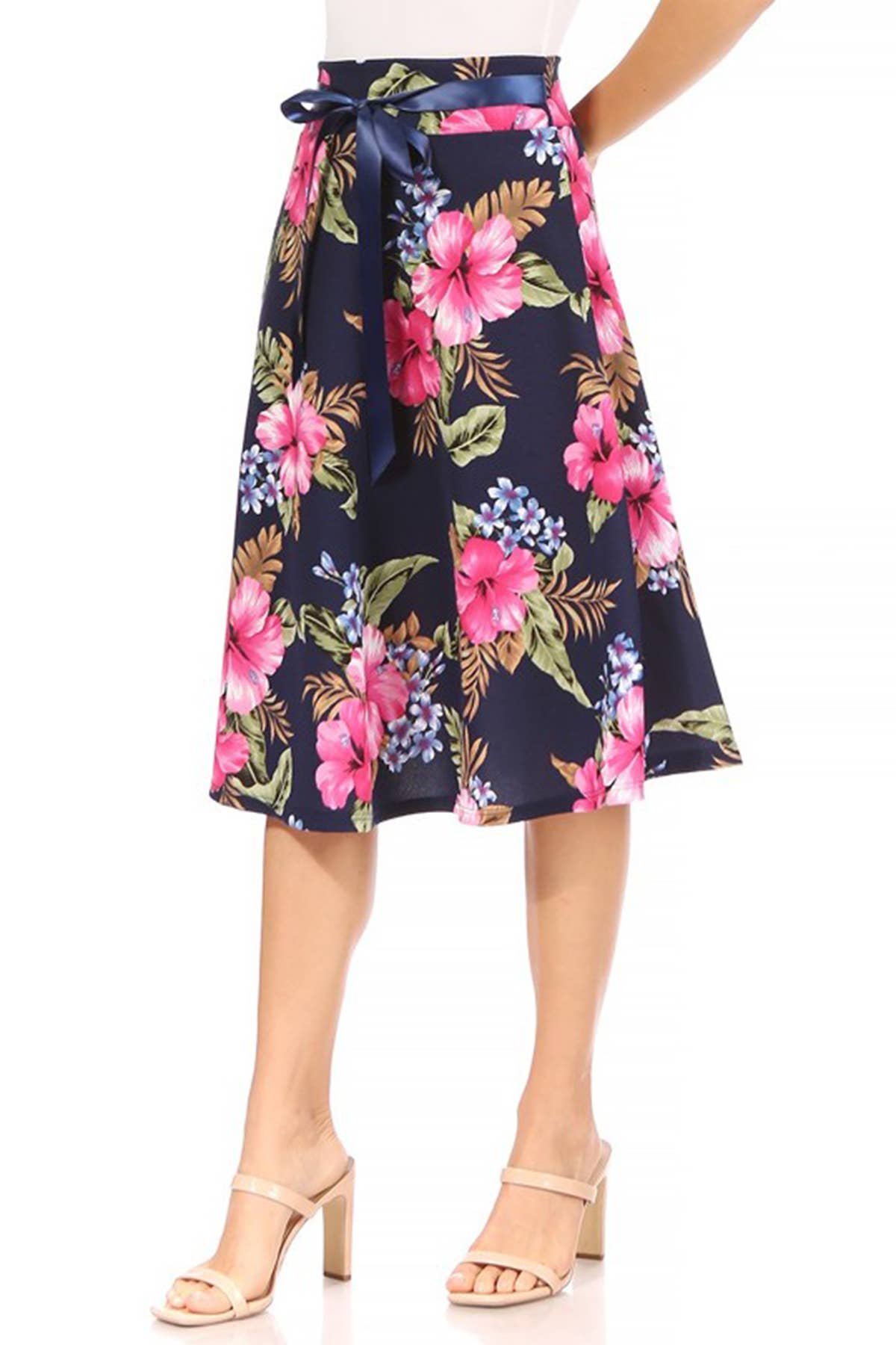 Women's Casual Floral Tie Belted Knee Length Midi Skirt