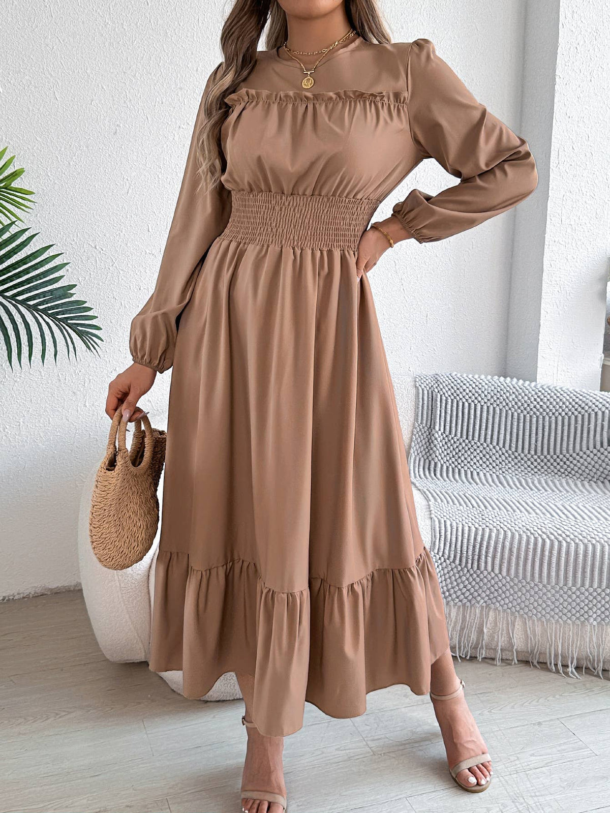 Elegant Round Neck Waist-Cinched Ruffle Hem Dress