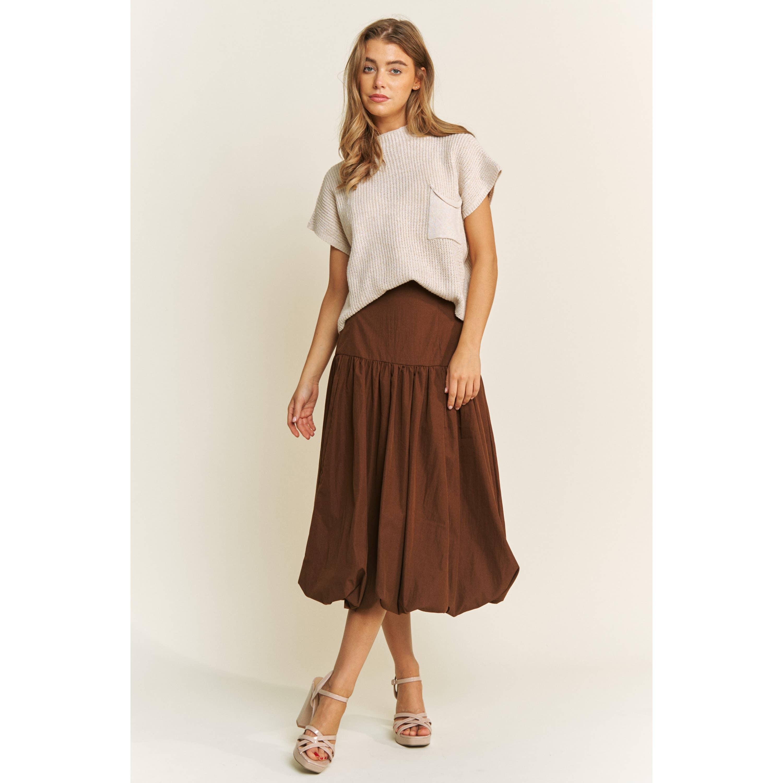 SOFT WOVEN SOLID BUBBLE BALLON MIDI SKIRT - Beige