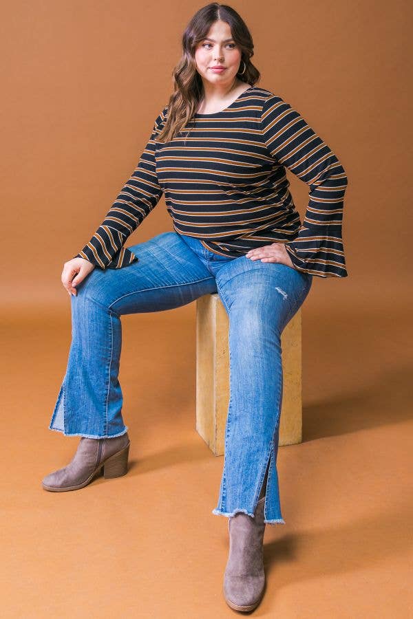 A PLUS SIZE STRIPE RUFFLE SLEEVE TOP-ATP1531-KN