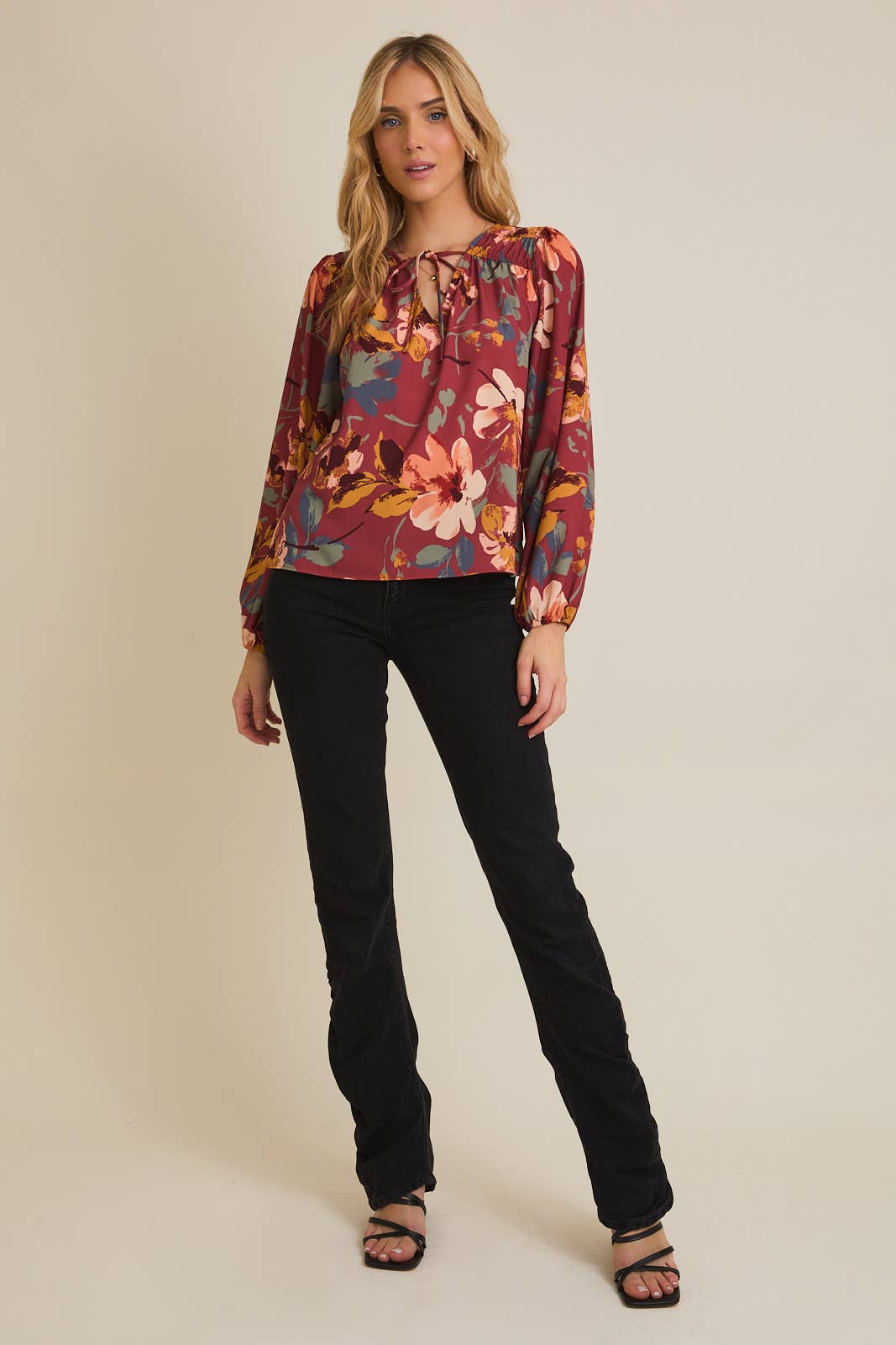 V-NECK FRONT TIE LONG SLEEVE FLORAL TOP