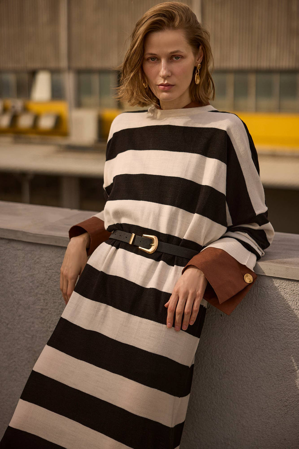 Bold Striped Oversized Maxi Knit Dress – Relaxed Modest