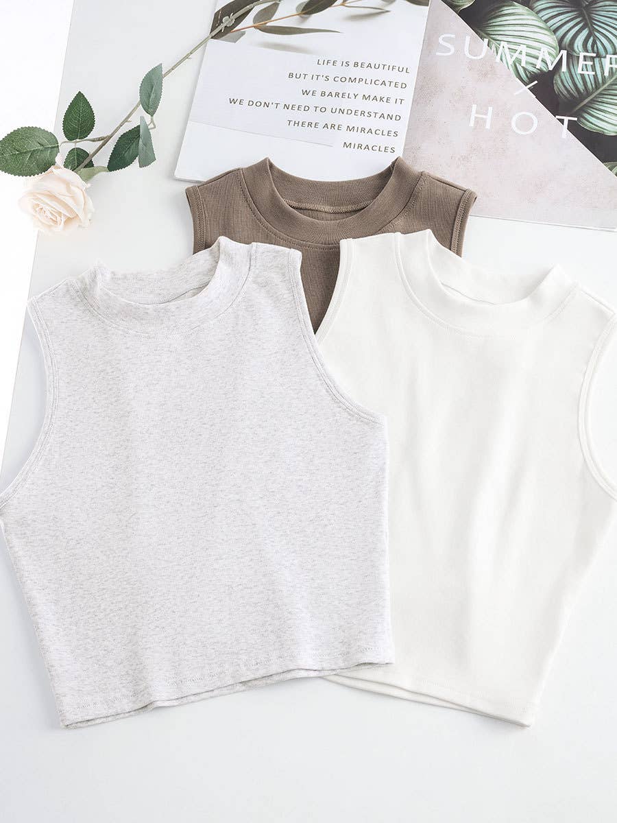 Basic Essential cotton blend fitted high neck crop tank top