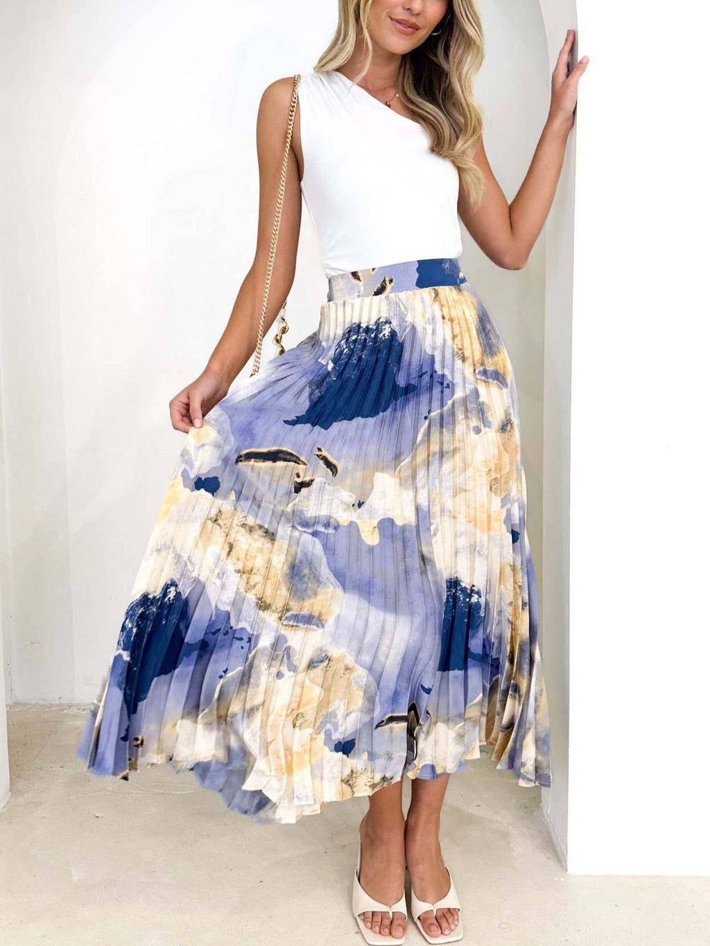 Elegant Draped Printed Pleated Skirt