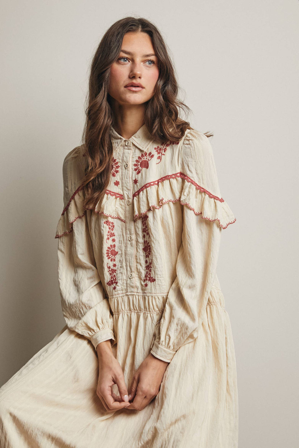Embroidered Ruffle Trim Maxi Dress FD0018