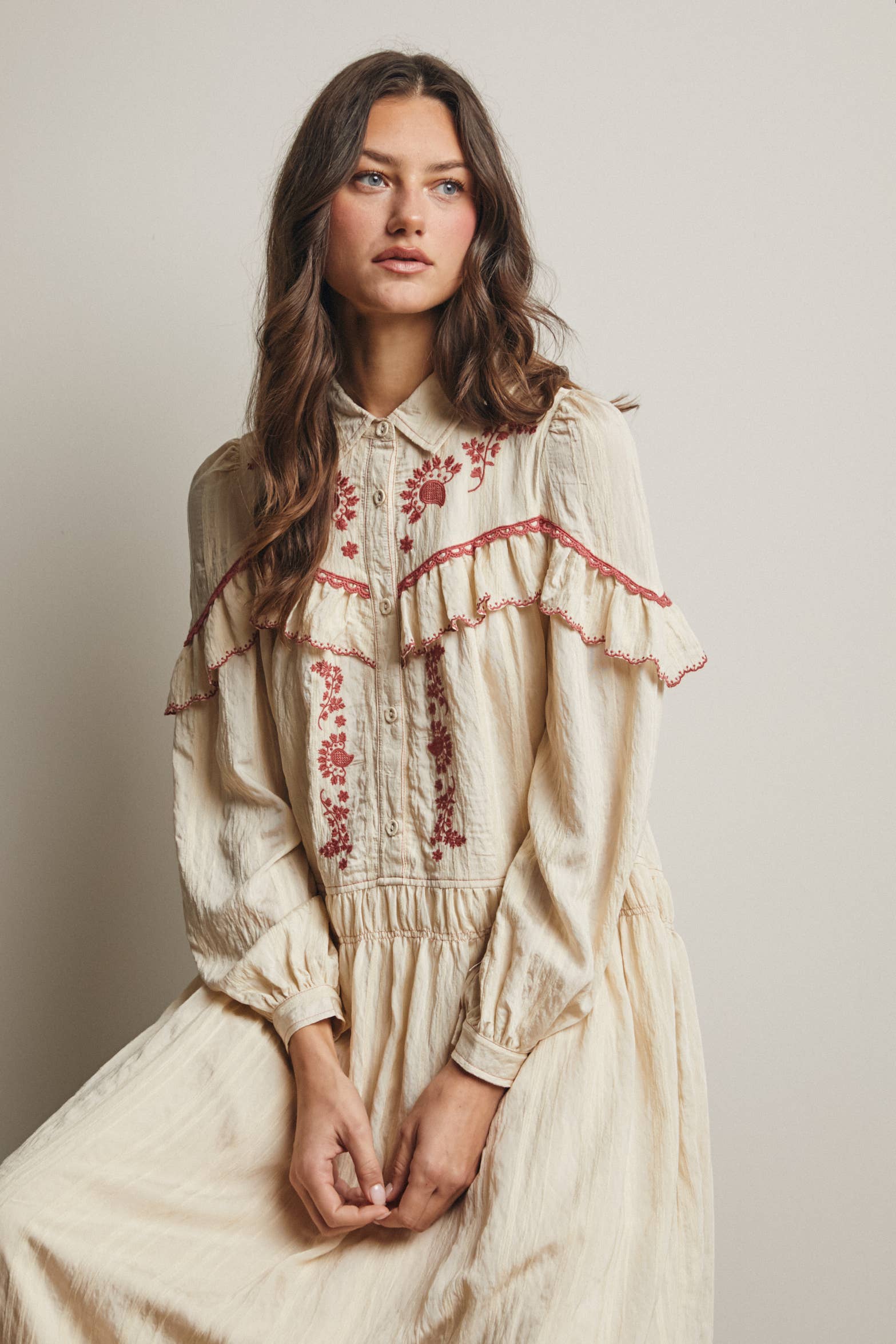 Embroidered Ruffle Trim Maxi Dress FD0018