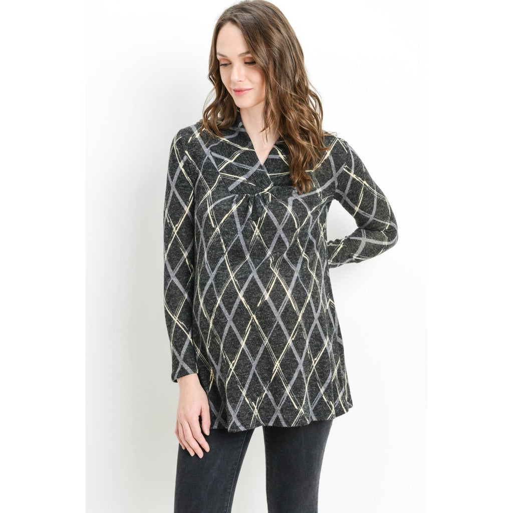 Plaid Shawl Collar Maternity Knit Tunic Sweater