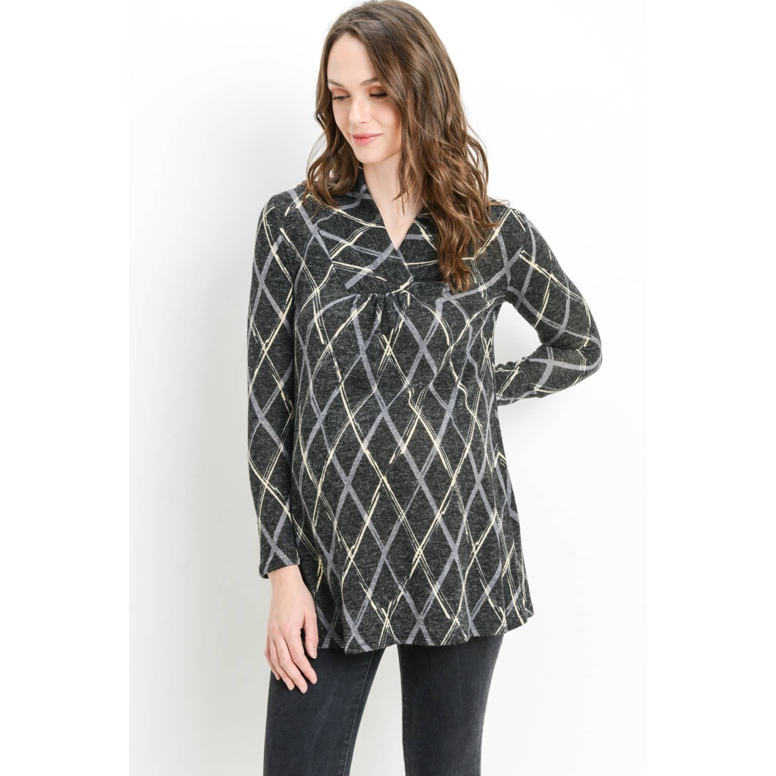 Plaid Shawl Collar Maternity Knit Tunic Sweater
