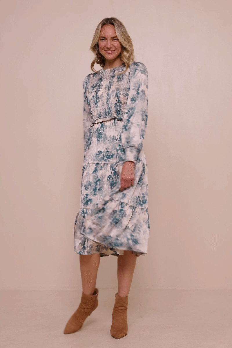 Womens Botanical Print Smocked Bodice Satin Dress