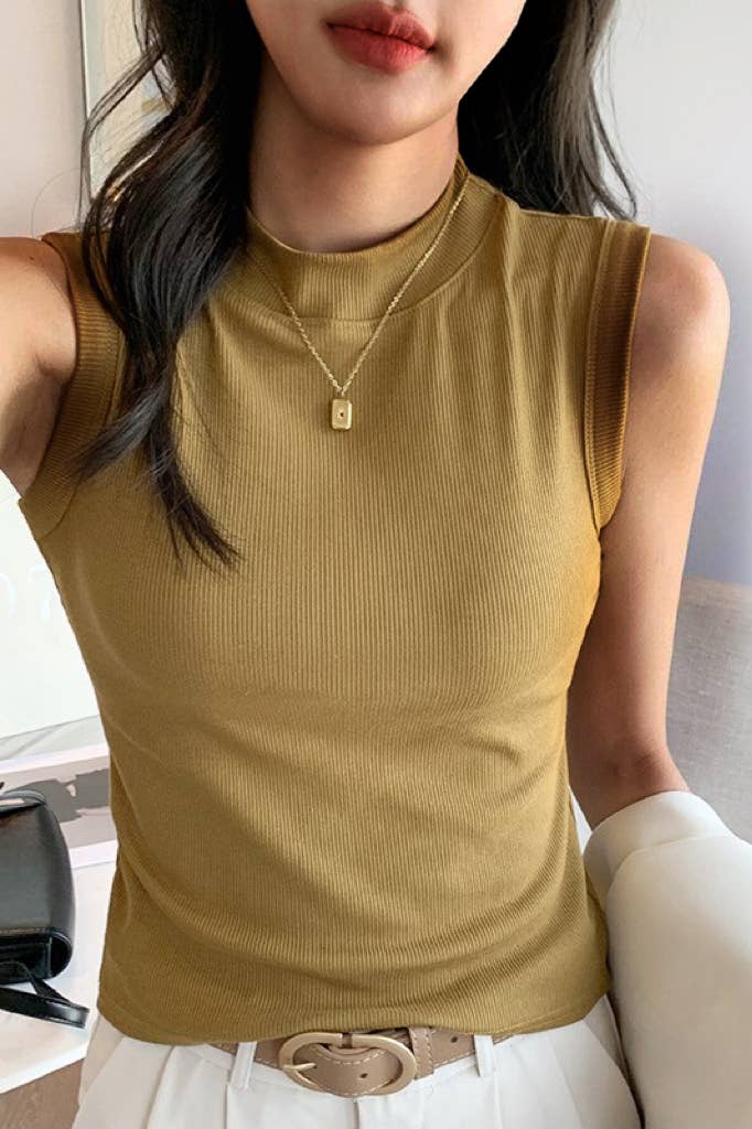 Versatile Essential Basic rib high neck vest tank Top