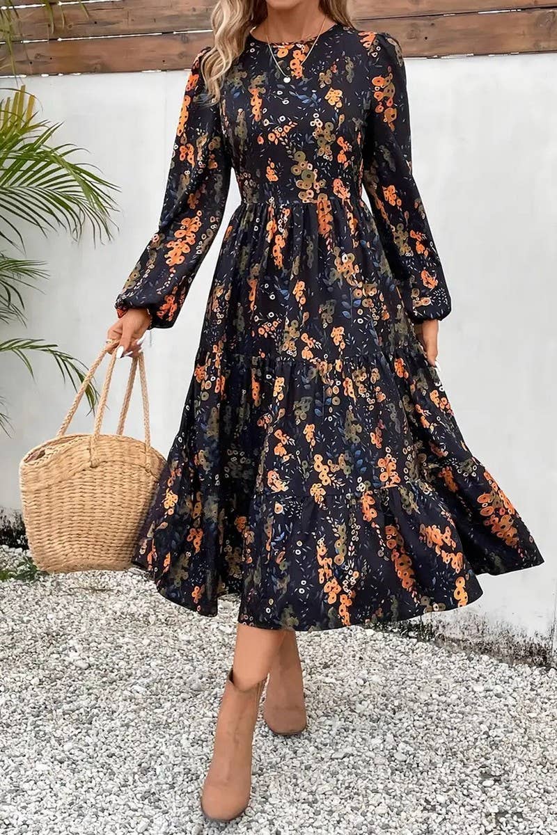 CWDMD6121_FLORAL PRINT CREW NECK LONG SLEEVE DRESS