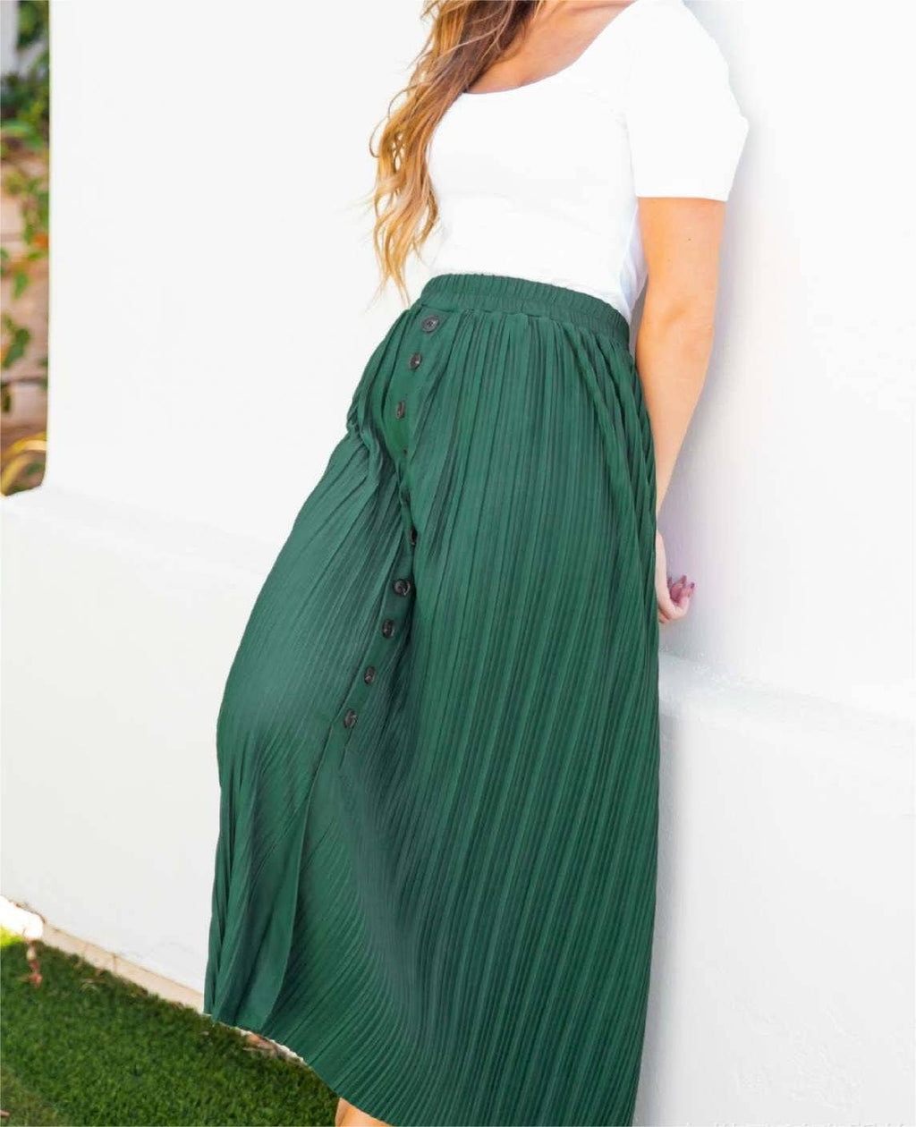 Women's high-waisted solid pleated simple midi A-line skirt