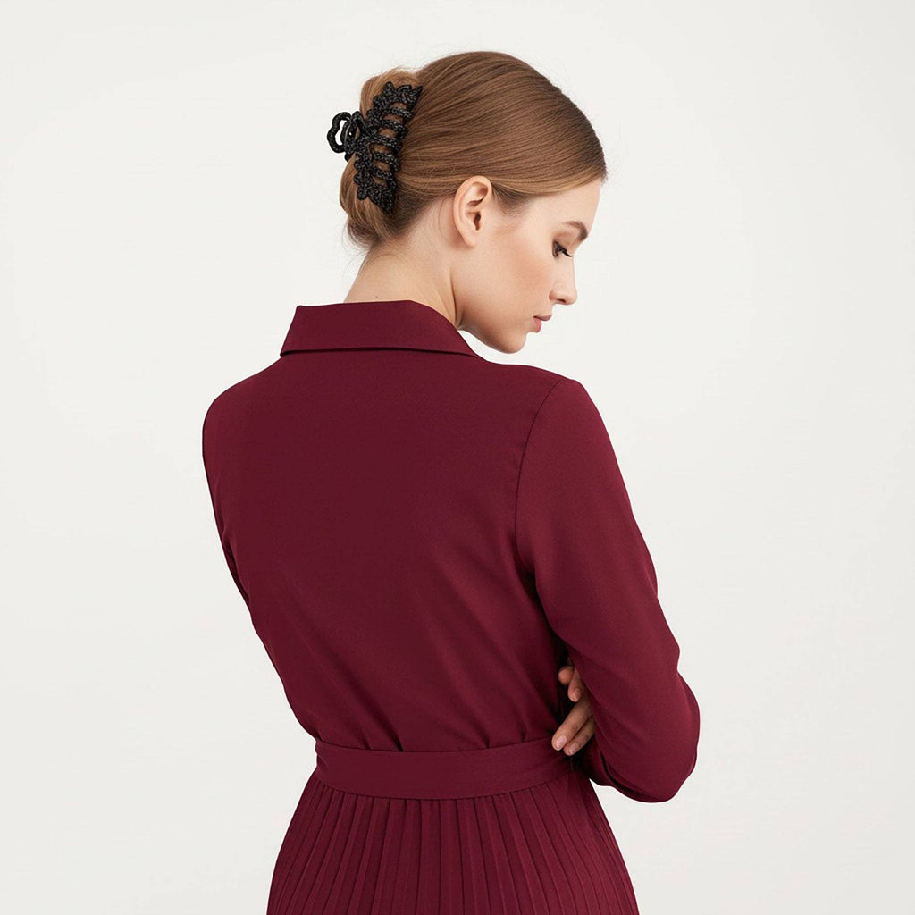 Pleated Midi Dress with Button-Down Front, Long Sleeves, and Waist Tie for a Feminine and Flattering Silhouette