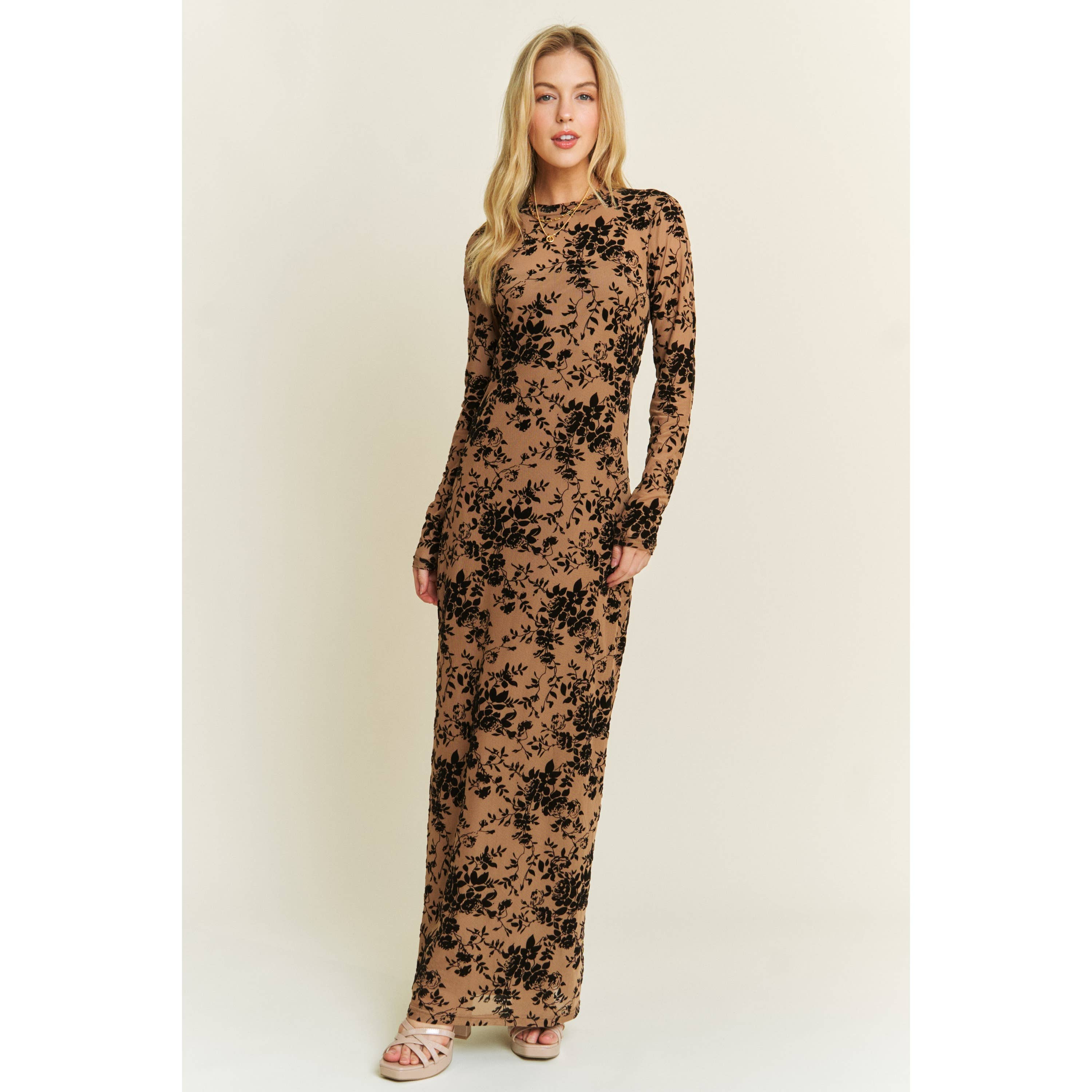 VELVET FLOCKING MAXI MESH DRESS WITH LONG SLEEVE