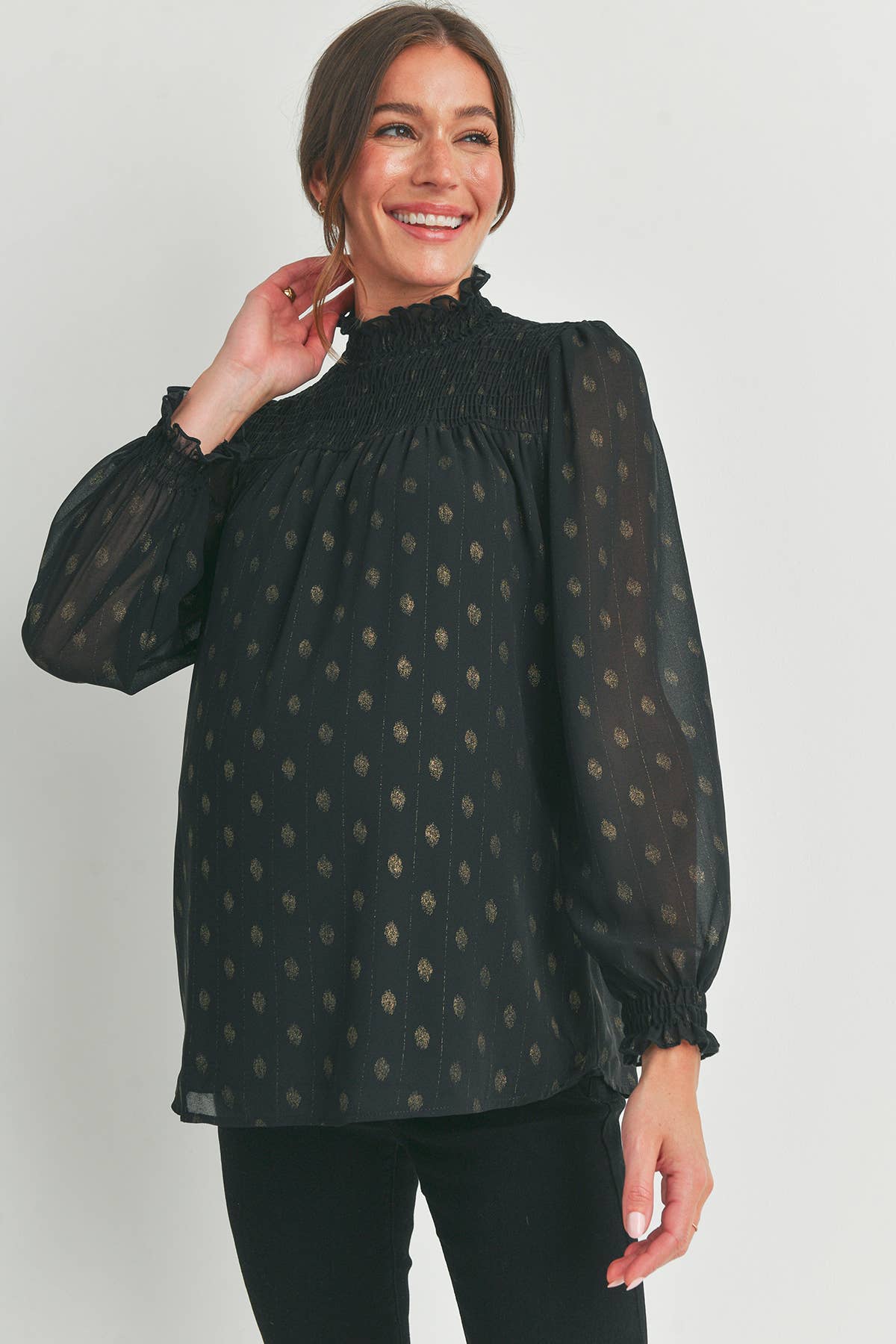 Smocked Mock Neck Polka Dot Maternity Top