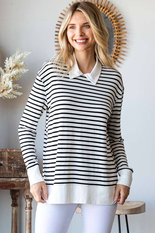 CAY1242LS - STRIPE SWEATSHIRT TOP WITH COLLAR