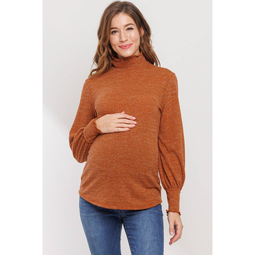 Glitter Knit Long Sleeve Maternity Turtle Neck Top