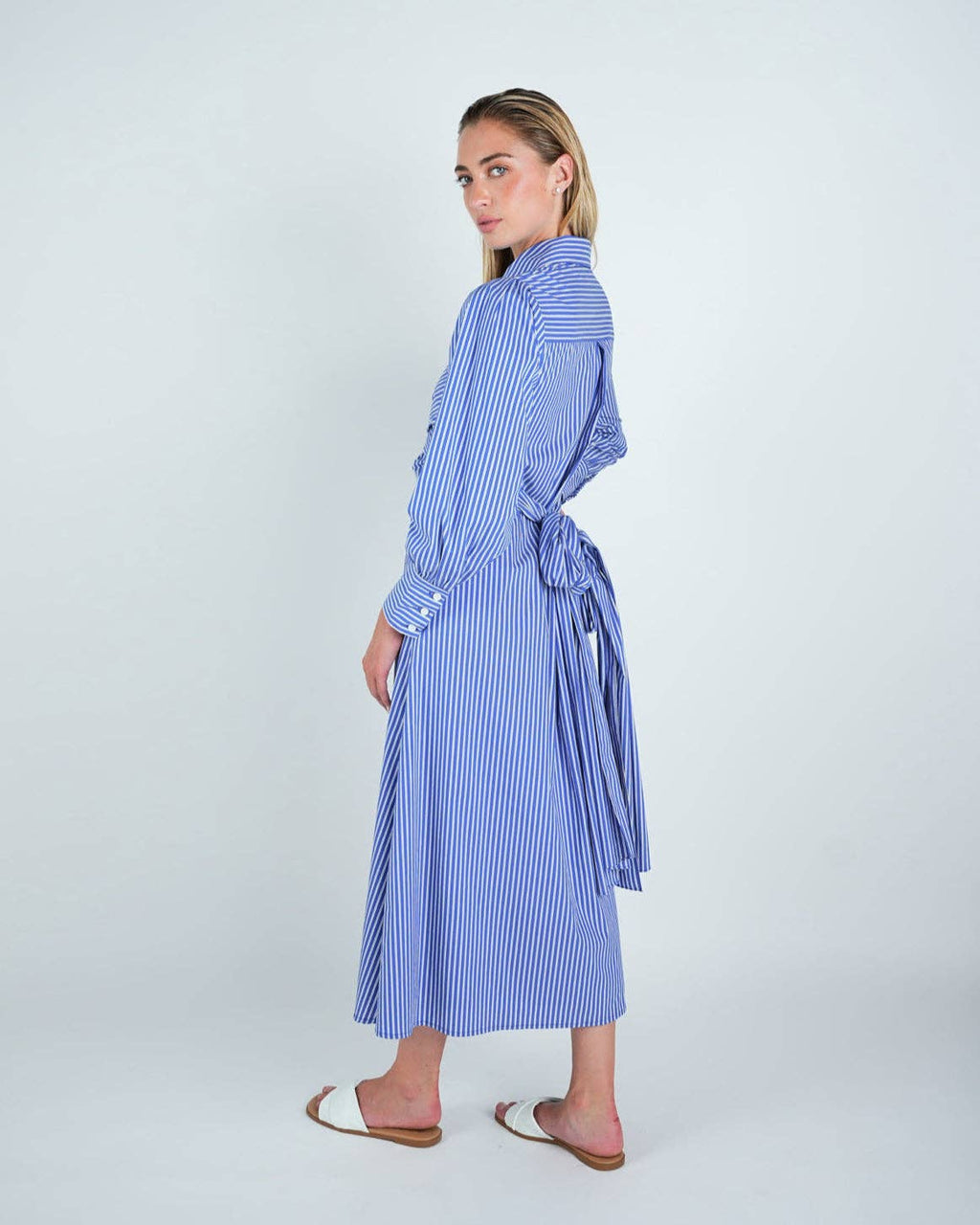 Cotton Striped Criss-Cross Midi Shirt Dress