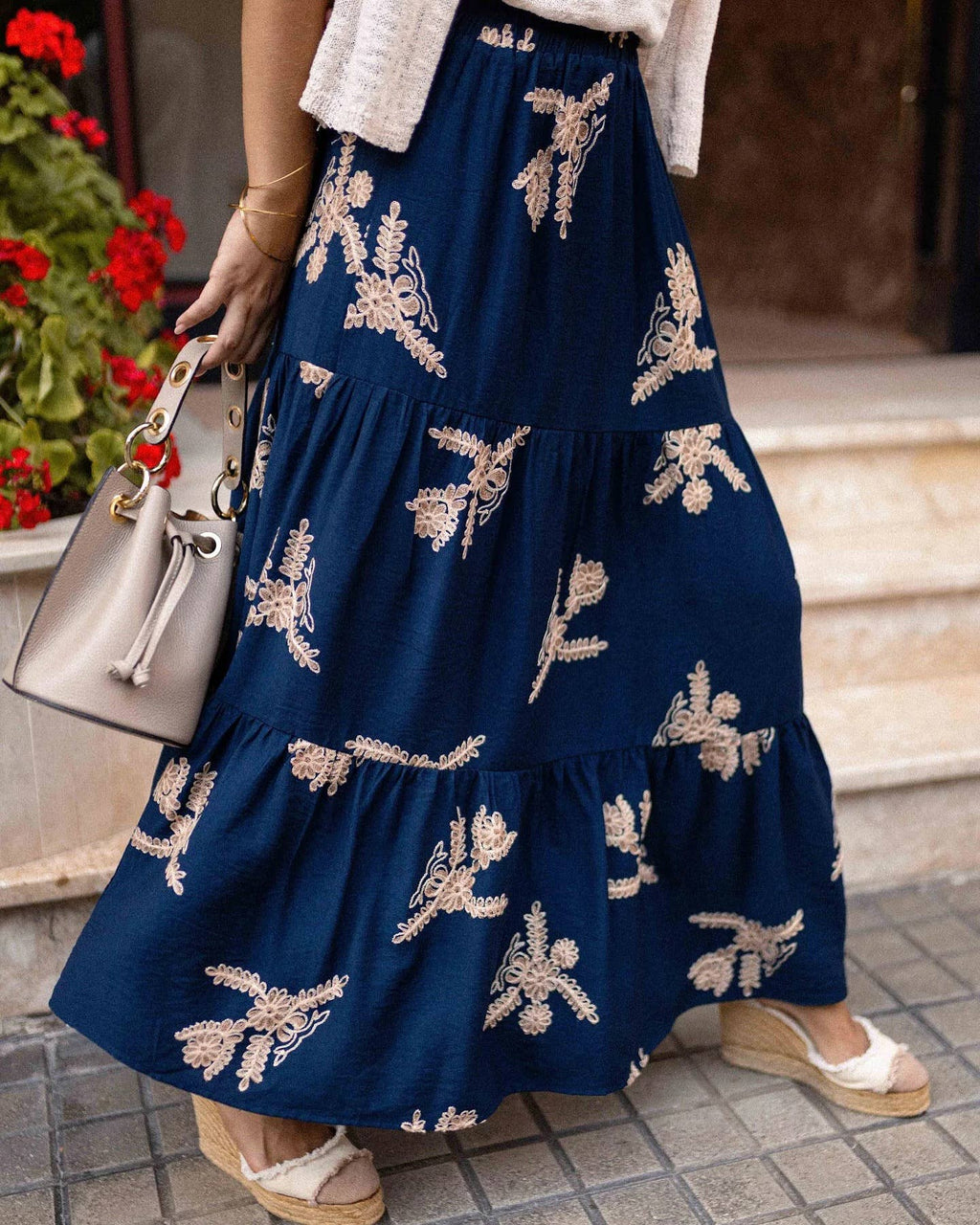 Boho Flower Branch Print Tiered Skirt