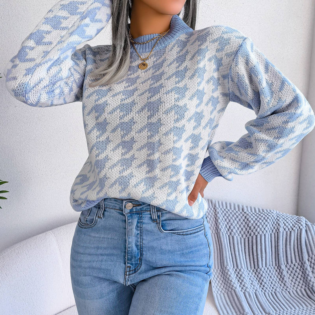 Casual houndstooth pullover knit sweater
