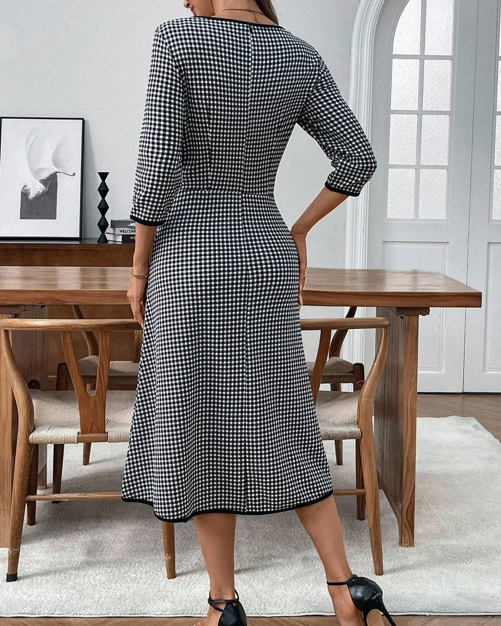 Casual Plaid Dress Elegant Mid Sleeve Slim Dress