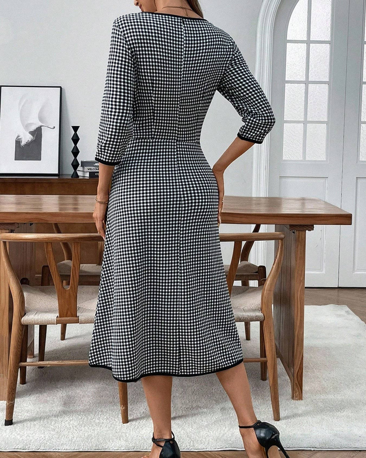 Casual Plaid Dress Elegant Mid Sleeve Slim Dress