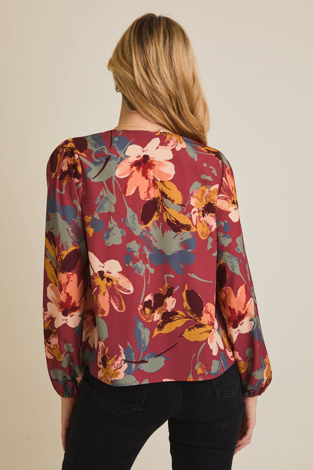 V-NECK FRONT TIE LONG SLEEVE FLORAL TOP