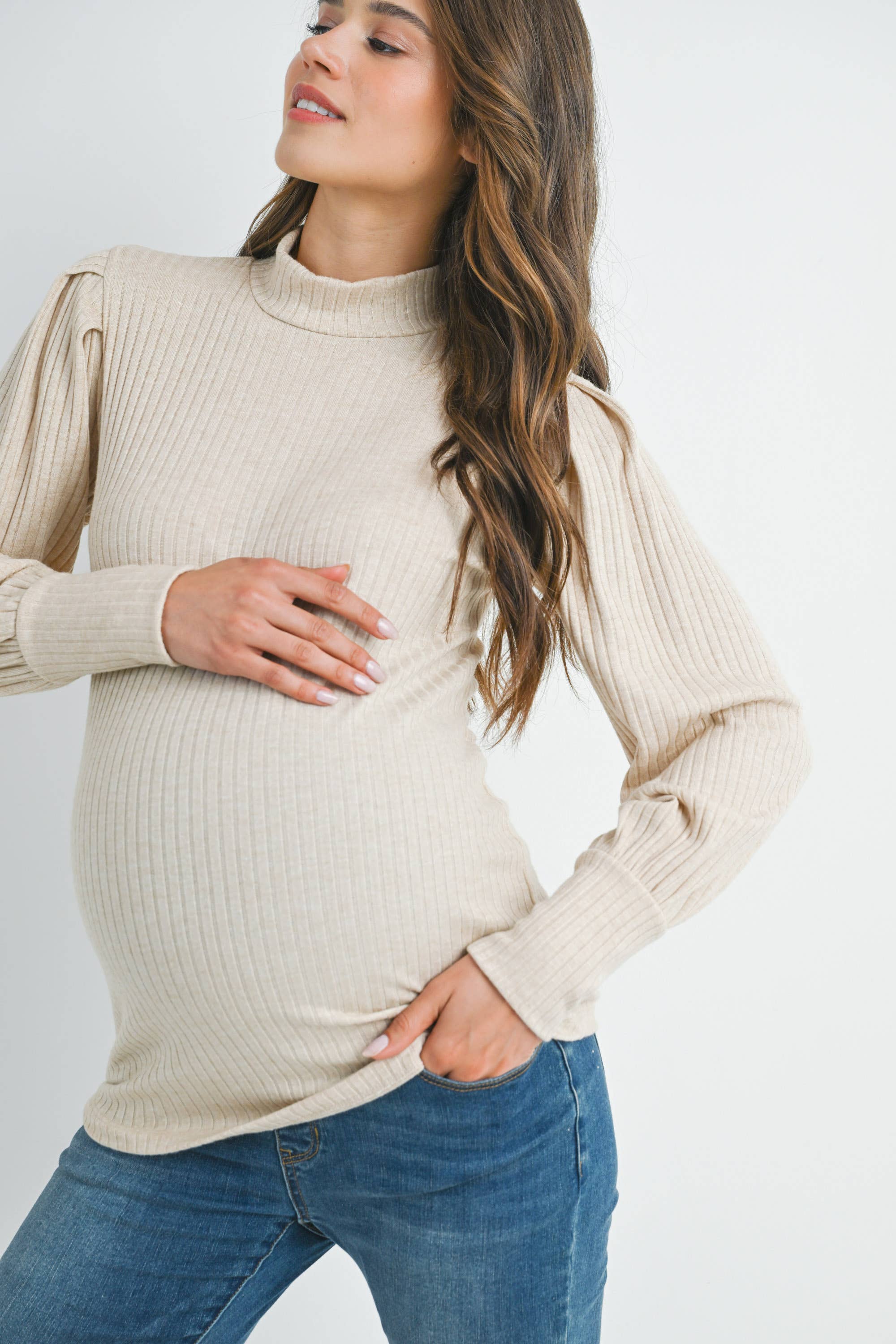 Ribbed Mock Neck Puff Sleeve Maternity Top