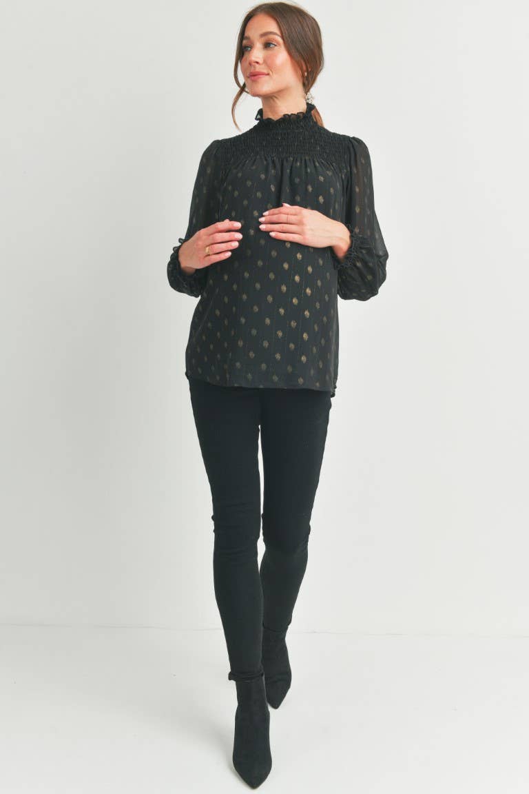 Smocked Mock Neck Polka Dot Maternity Top