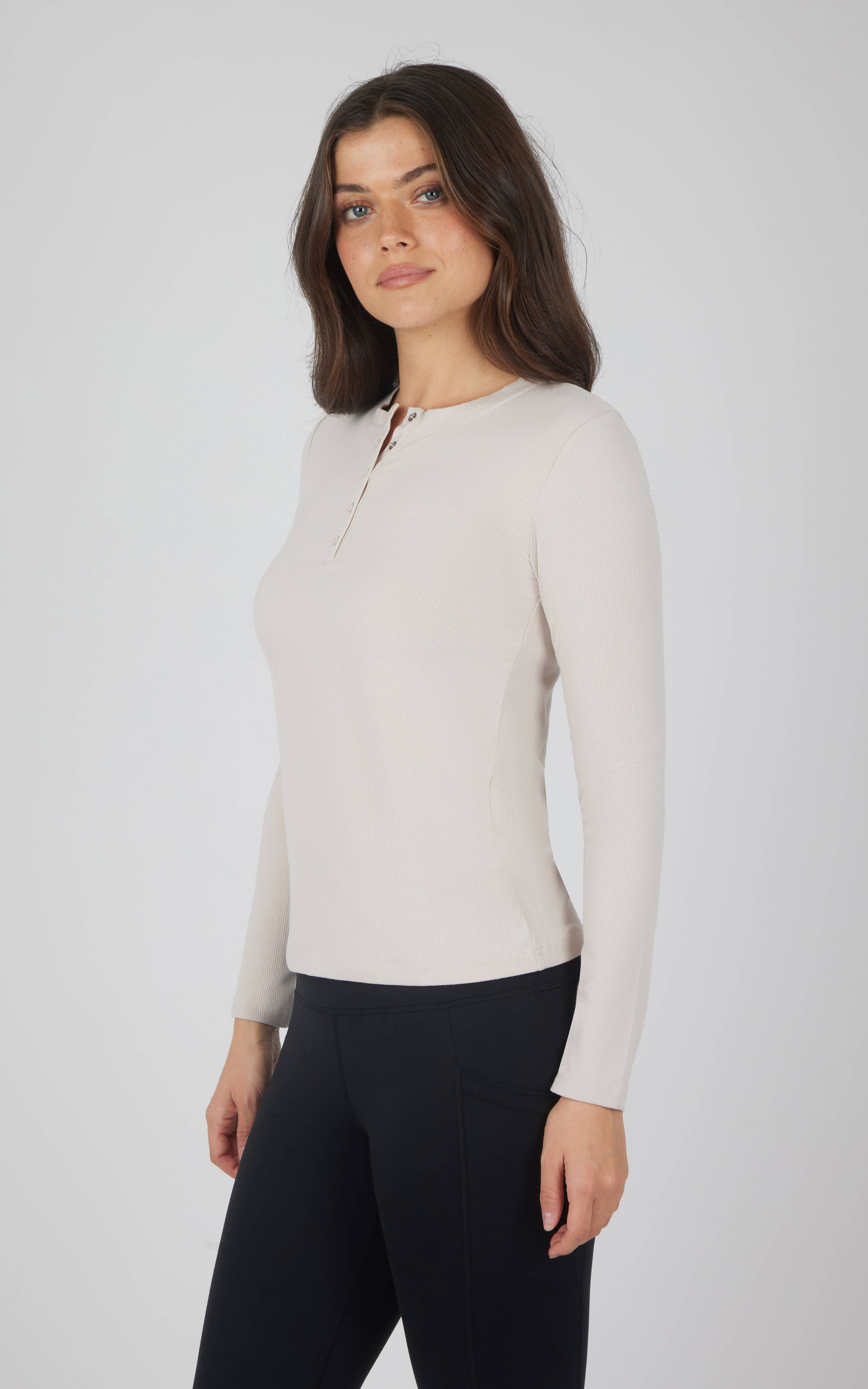 Yogalicious Women's Rib Henley Long Sleeves Top