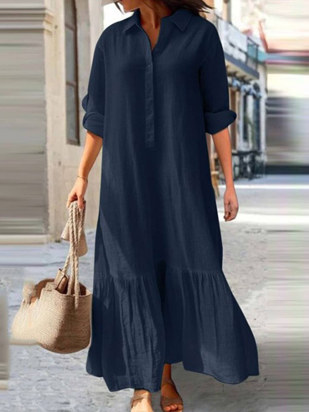 Long-sleeved button loose maxi dress