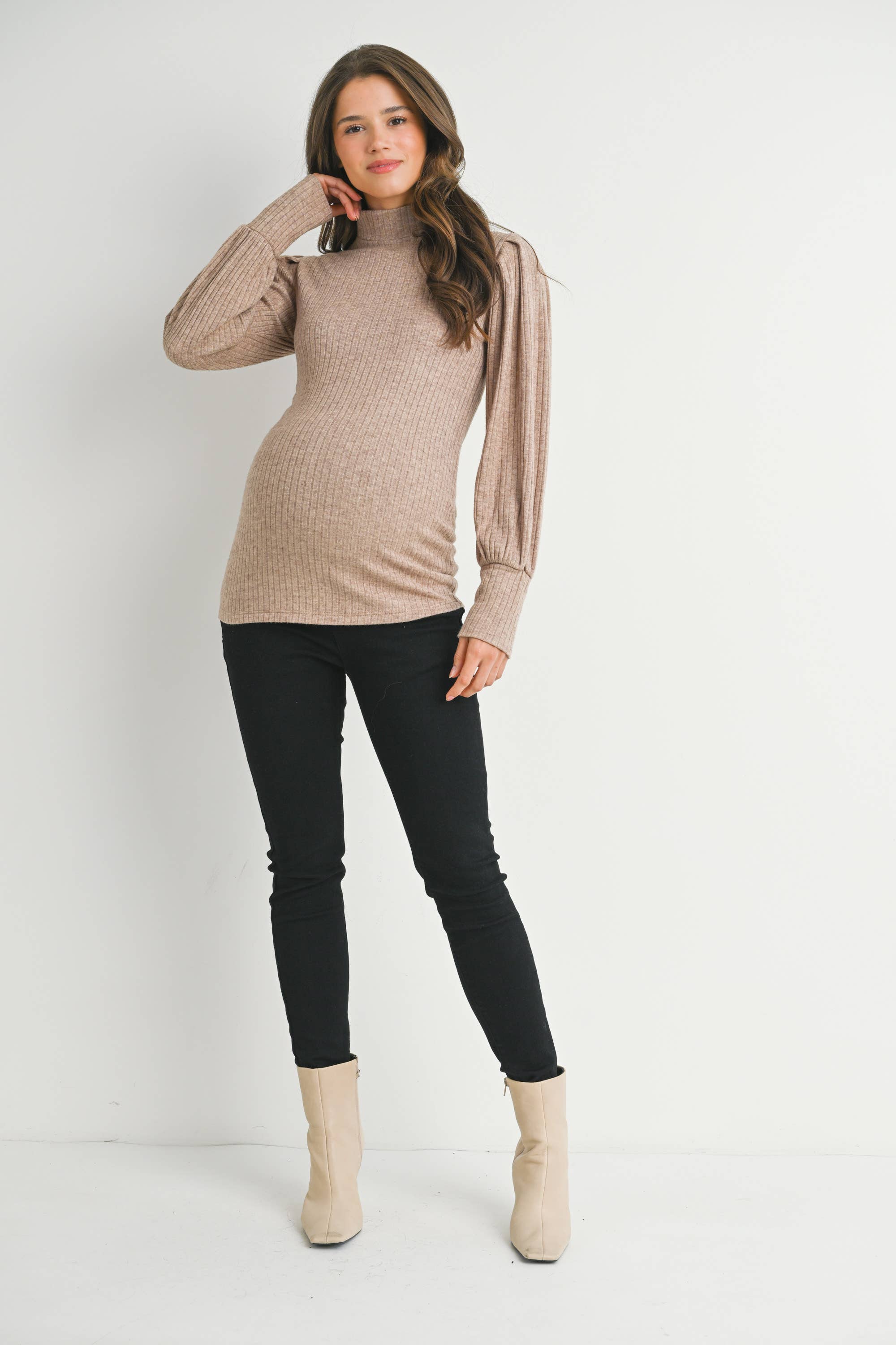 Ribbed Mock Neck Puff Sleeve Maternity Top