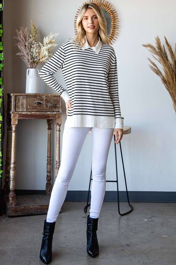 CAY1242LS - STRIPE SWEATSHIRT TOP WITH COLLAR