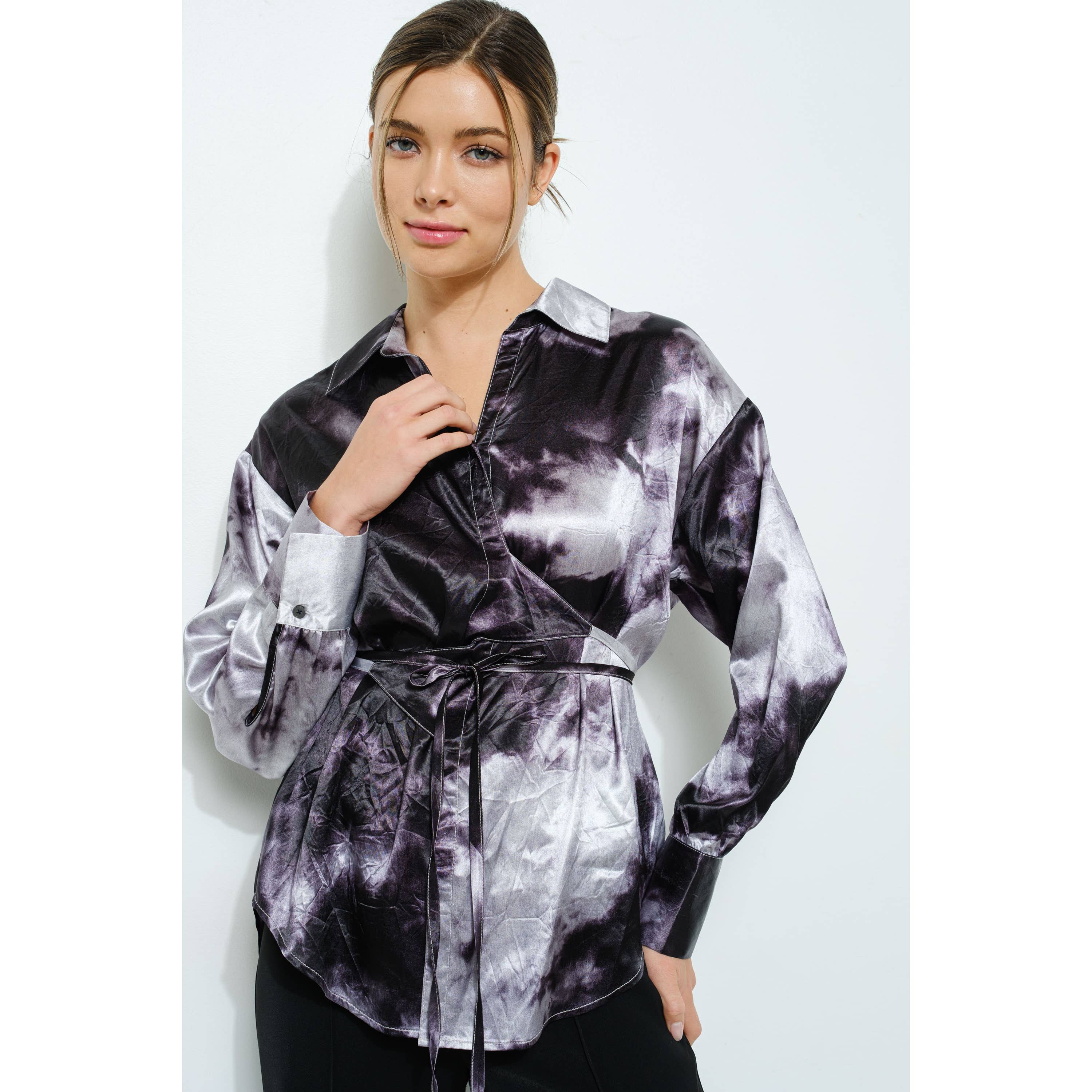Long Sleeve Tie Dye Print Wrap Detail Blouse Top
