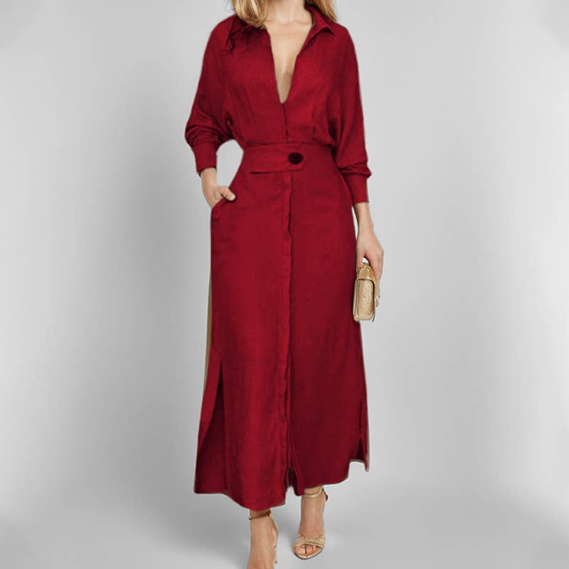 Elegant Button Down Long Sleeve Maxi Dress Casual Chic Style