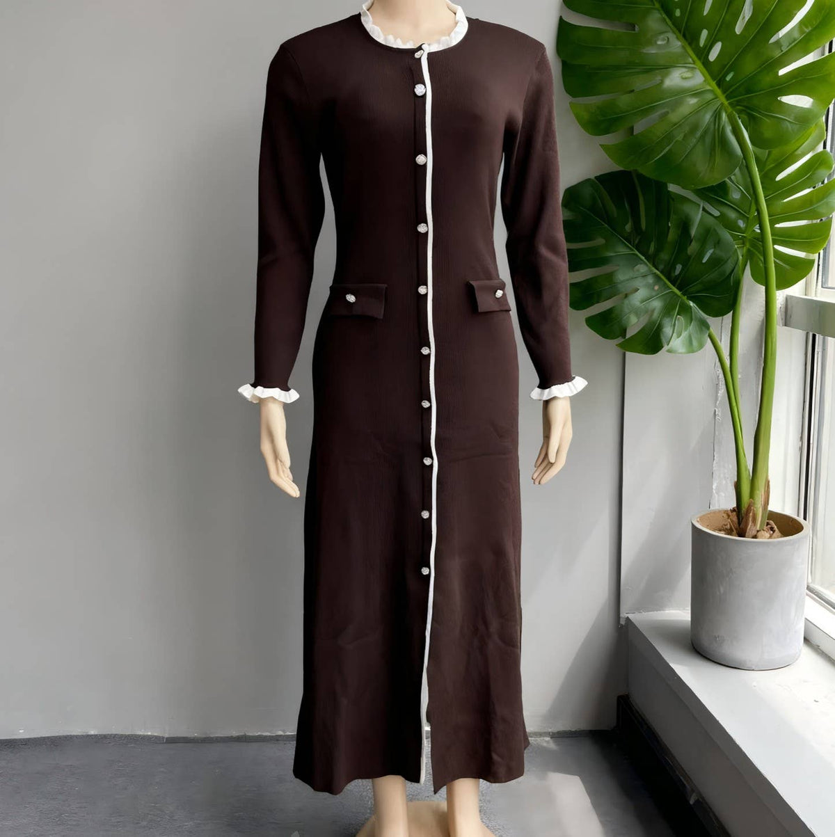 Elegant Color-Block Crew Neck Button Knit Dress