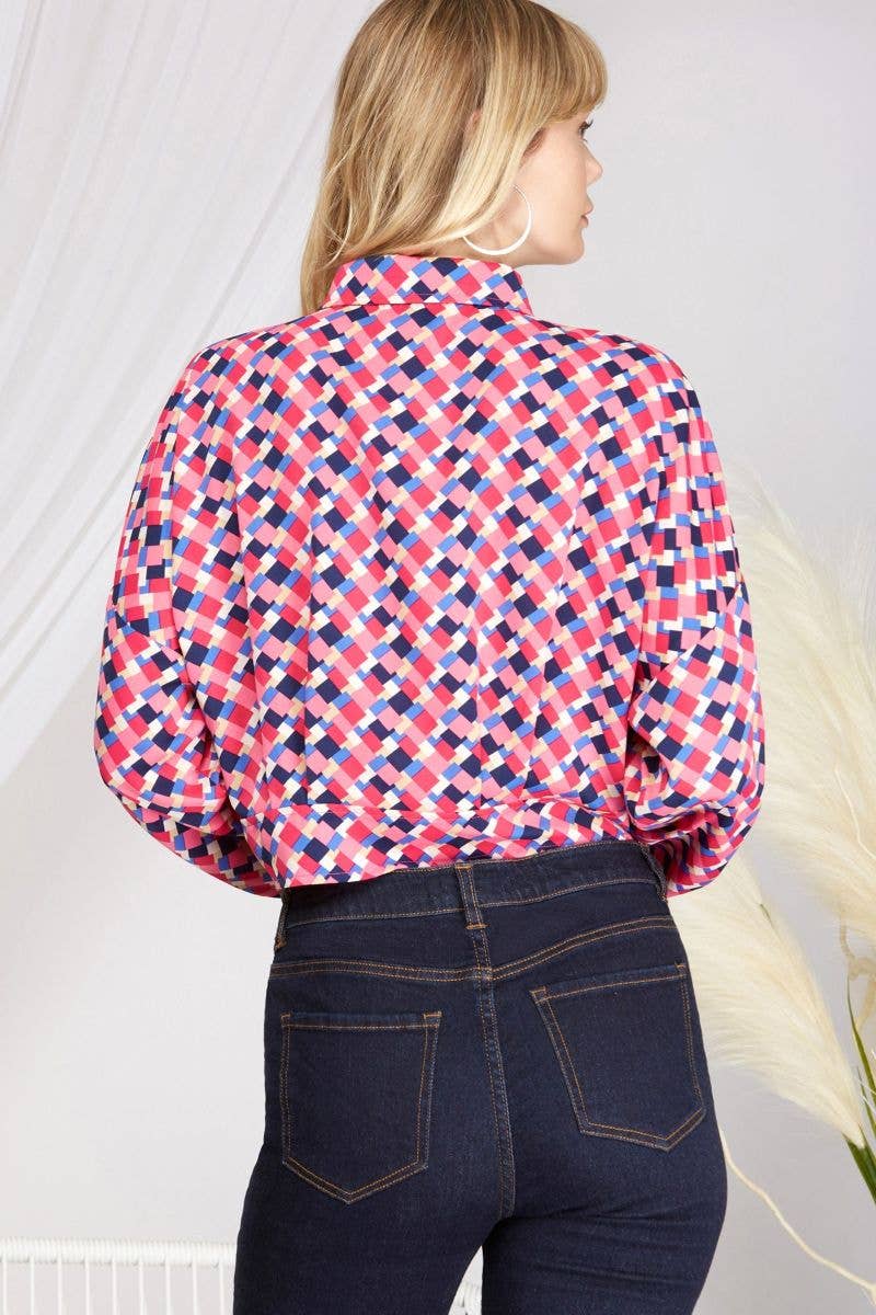 PINK GEO PRINT LONG SLEEVES FRONT-TIE WOVEN TOP SKSY2546